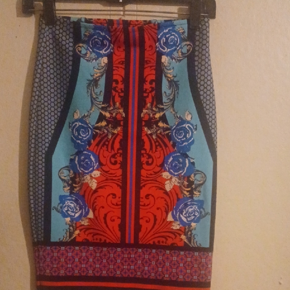 Jealous Tomato Red and Blue Floral Pencil Skirt